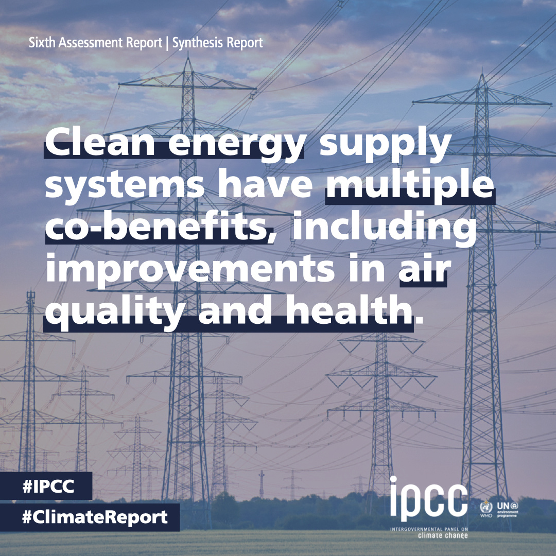 [画像]IPCCは、清潔なエネルギー供給システムによって、空気品質や健康の改善など、多くの共通の利益があると述べています。