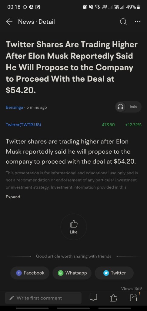 Glad I got back in yesterday, Report says Elon is going to fulfil the $54.20 deal