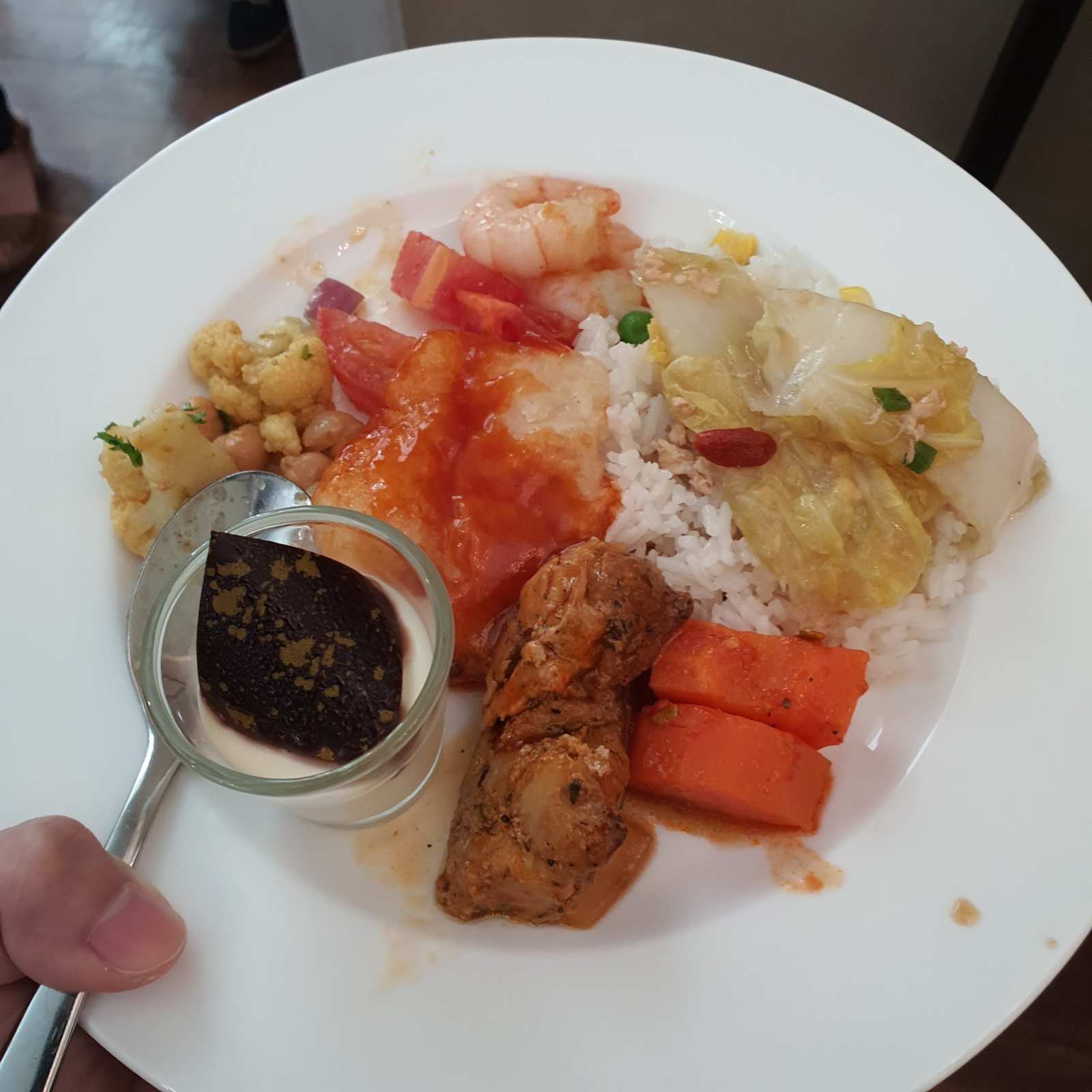 main dish of fried rice with fish and chicken and prawns
