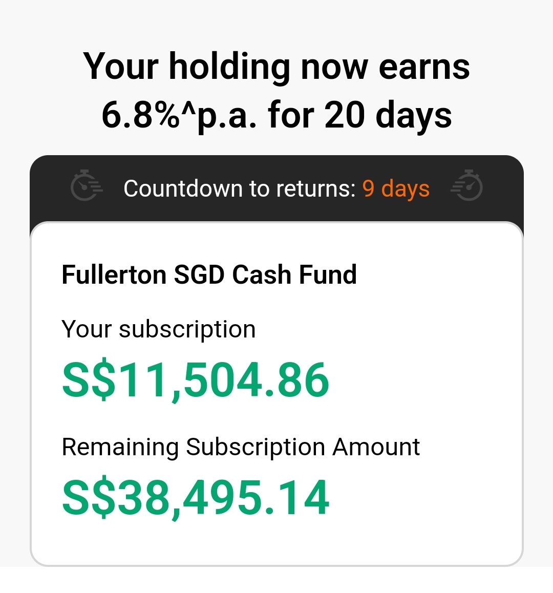 $Fullerton SGD Cash Fund (SG9999005961.MF)$ @Moomoo Buddy It has left 9 days to the end of 6.8% promotion event. how come the interest so low? only $4+? I thoug...