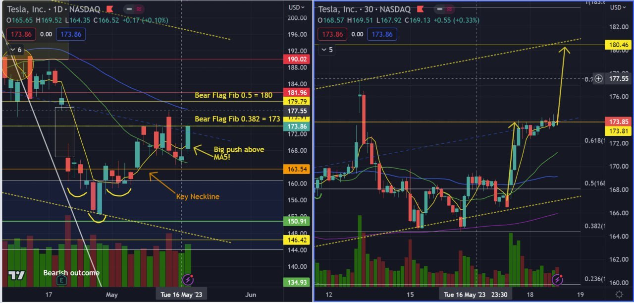 TSLAは、首線の163/164からの良いバウンスで再び173の再試験に戻る！