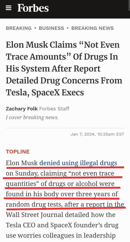 Elon Musk Denied using illegal drugs. WSJ posting fake article again?