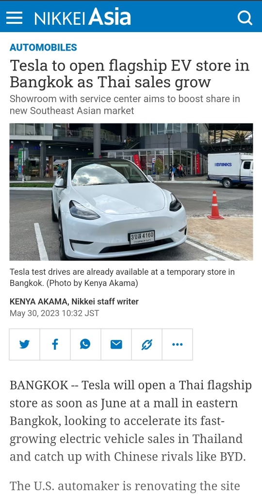 Tesla to open flagship EV store in Bangkok as Thai sales grow