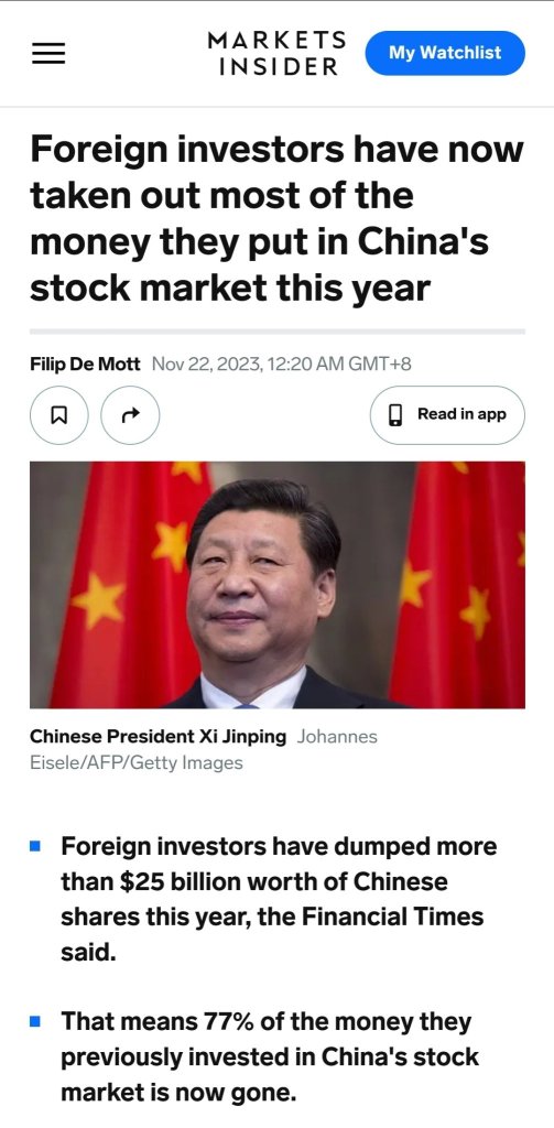 中国股市的净外国流入量下降了77％，抛售了价值250亿美元的股票