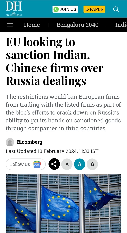 EU looking to sanction Indian, Chinese firms over Russia dealings