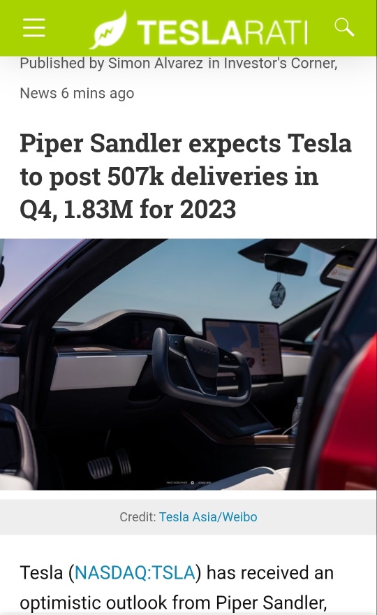 Tesla expected to post 507k deliveries in Q4, 1.83M for 2023