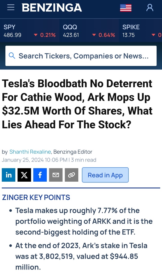 Cathie Wood bought 172.68K ($31.54M) Tesla's share on 25th Jan 2024