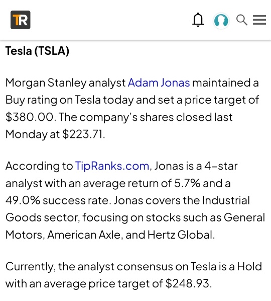Morgan Stanley maintained a Buy rating on Tesla set a price target of $380