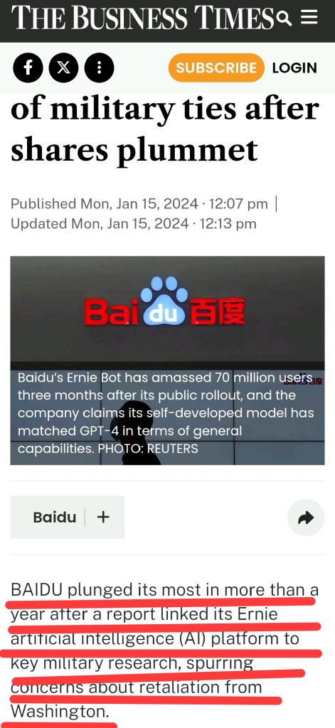 Baidu sinks 11.5%, refutes report linking Ernie AI to Chinese military