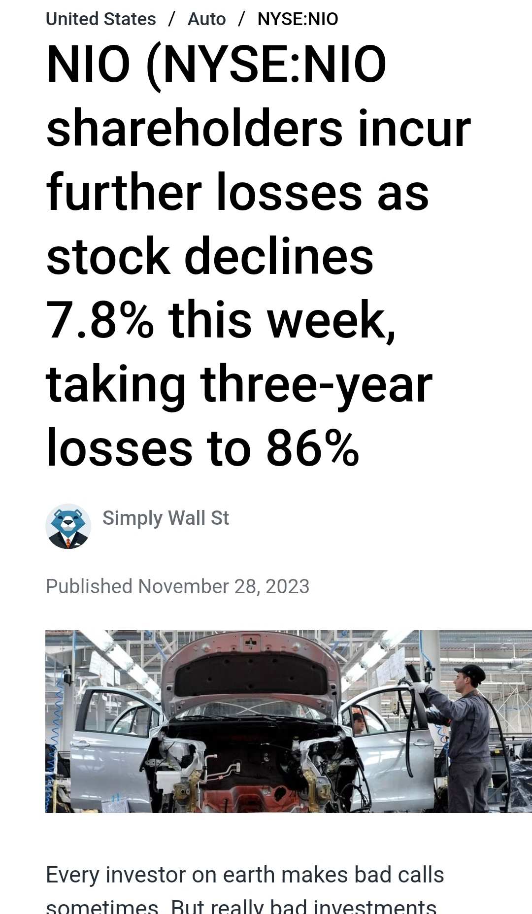 由于本周股价下跌7.8％，蔚来股东进一步蒙受损失，3年跌幅至86％