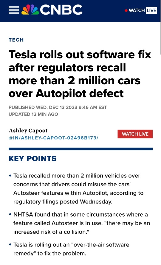 自動運転機能の欠陥に関する規制機関のリコールにより、Teslaはソフトウェアの修正を行いました。