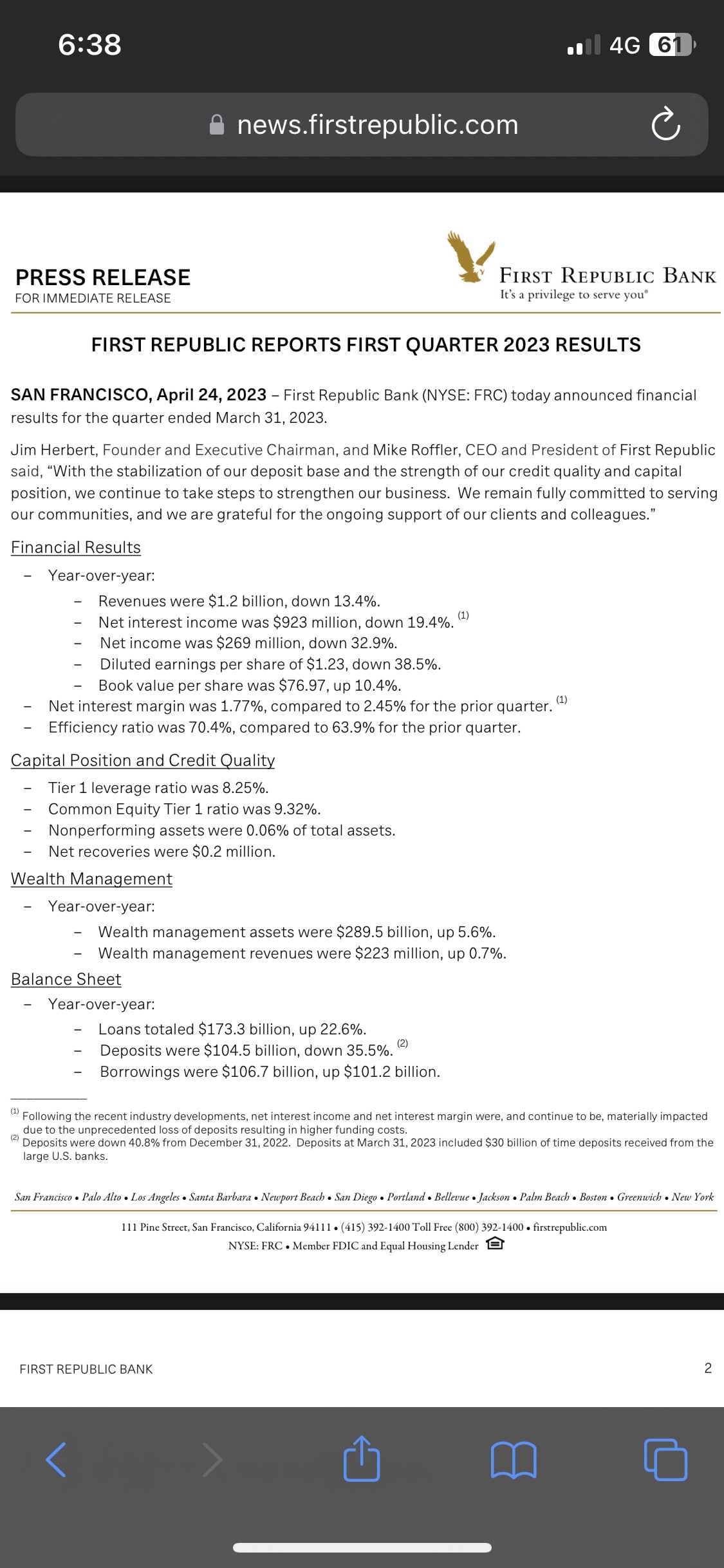 $ファースト・リパブリック・バンク (FRC.US)$ ローン、CET1比率、ウェルスマネジメント資産 全セクター 上昇しています