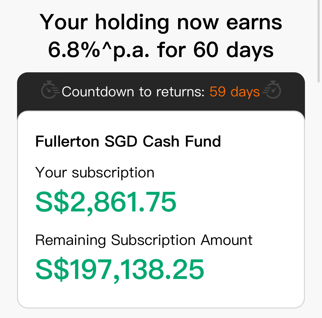 $Fullerton SGD Cash Fund (SG9999005961.MF)$ 私はすでに150千円申し込みましたが、なぜ申込金額が合わないのですか？2.8千円しか申し込んでいないと表示されています。