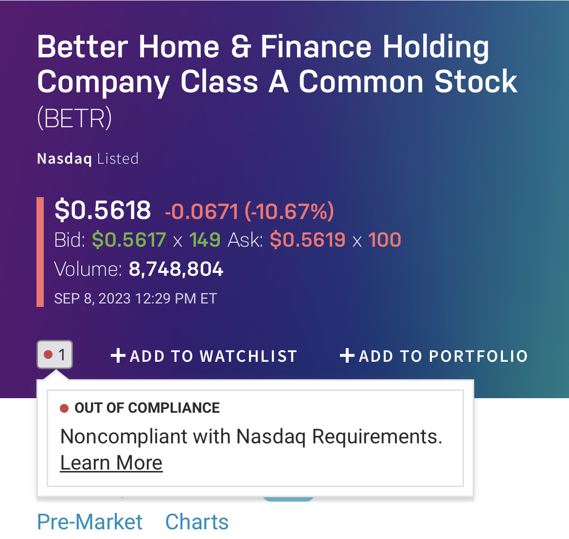 $Better Home & Finance (BETR.US)$ Non Compliant more likely to delist?