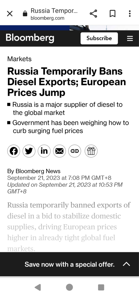俄羅斯禁止柴油出口。