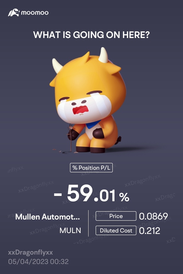 $Mullen Automotive (MULN.US)$ 等待上升趨勢的時刻。剛剛以0.084的價格增加了42500單位，以平均成本。將尋找另一個機會再增加。