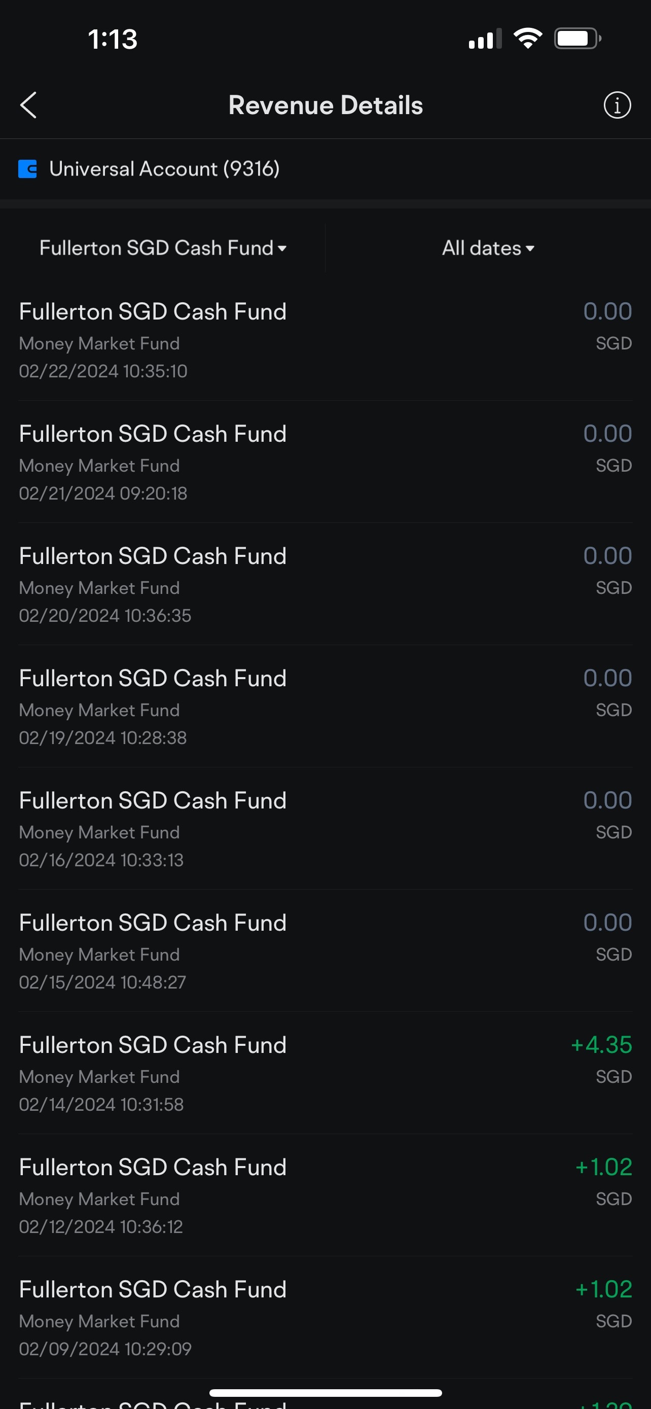 $Fullerton SGD Cash Fund (SG9999005961.MF)$ なぜ6日間利息/返金がないのですか？