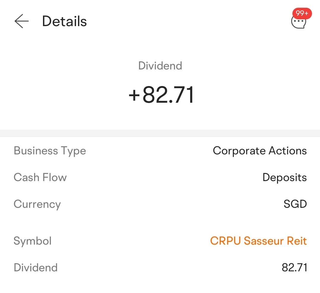 $Sasseur Reit (CRPU.SG)$ just got paid dividends. nice. will continue to hold long [Thumbs Up][Smile] 😁