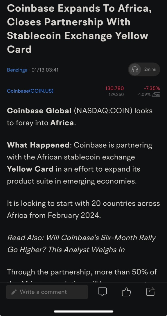 Waiting for the earnings call. Coinbase has made so much progress in the past few months. Canada, Europe and now Africa