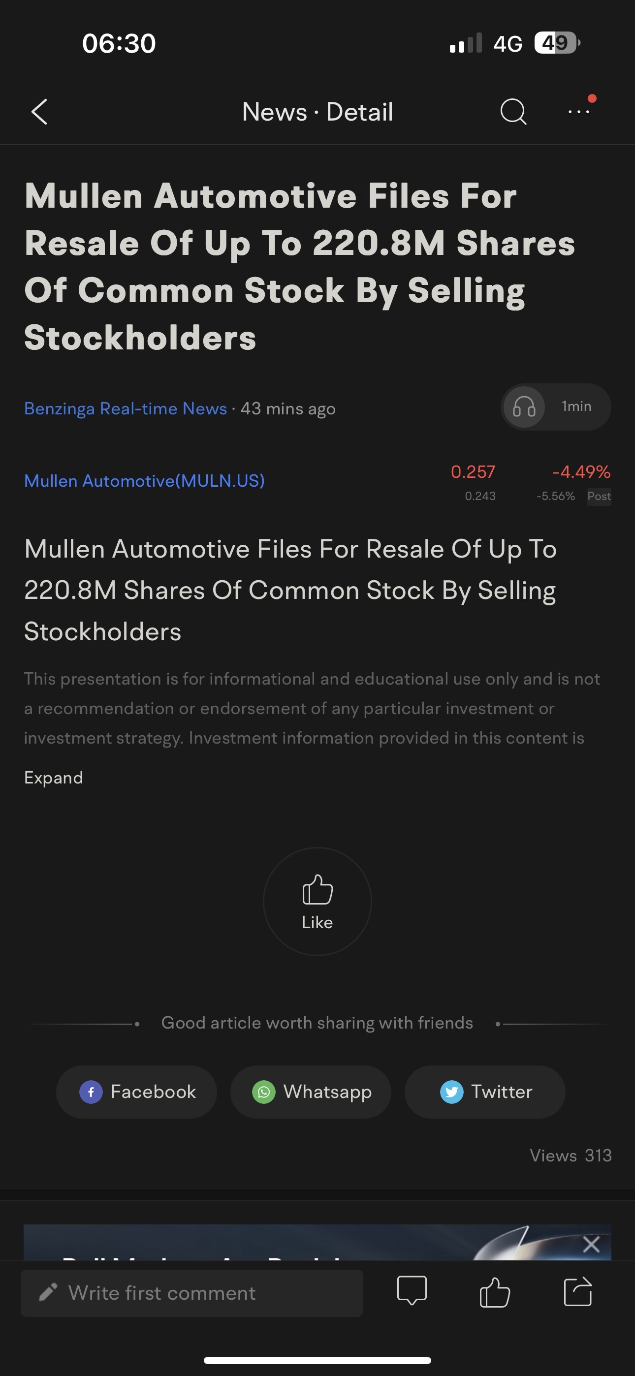 $Mullen Automotive (MULN.US)$ 那是什麼意思。股票會下跌嗎？