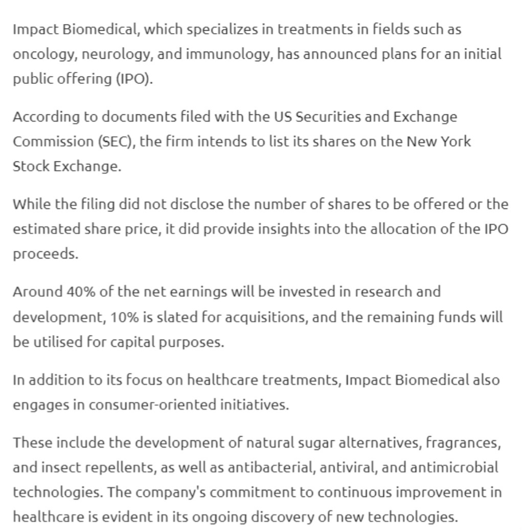 $Alset (40V.SG)$$DSS Inc (DSS.US)$$Alset (AEI.US)$ 生物医学技术开发商Impact Biomedical申请1500万美元的IPO https://www.renaissancecapital.com/IPO-Center/News/101440/Biomedical-...