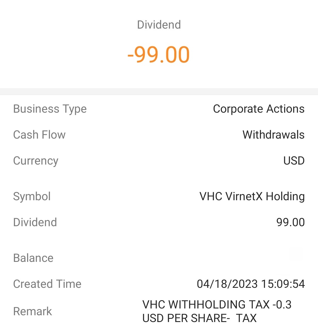 $バーネックス ホールディング (VHC.US)$ なぜVirnetは私が受け取った配当金の30％を持ち戻しているのですか？ 私は330株を購入し、発行されたUSD 330のうち30％（99 USD）が引かれました。