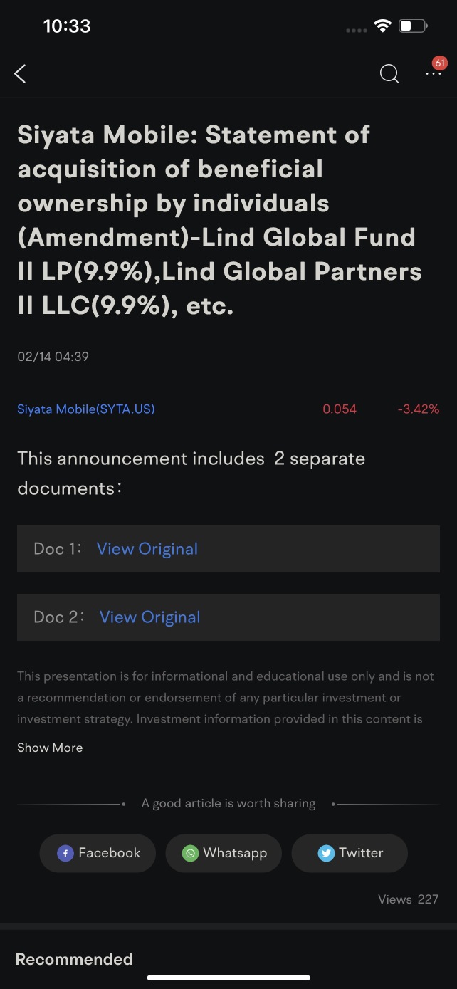 That lind partners that invest syta in Feb and it straight went down to 0.05 hmm I maybe stay away from smx , don’t forget smx still have short from yolk