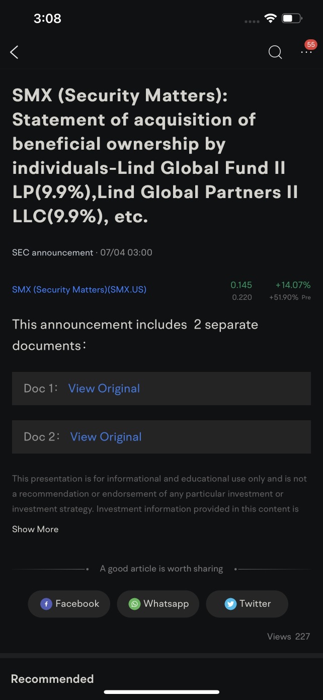 That lind partners that invest syta in Feb and it straight went down to 0.05 hmm I maybe stay away from smx , don’t forget smx still have short from yolk