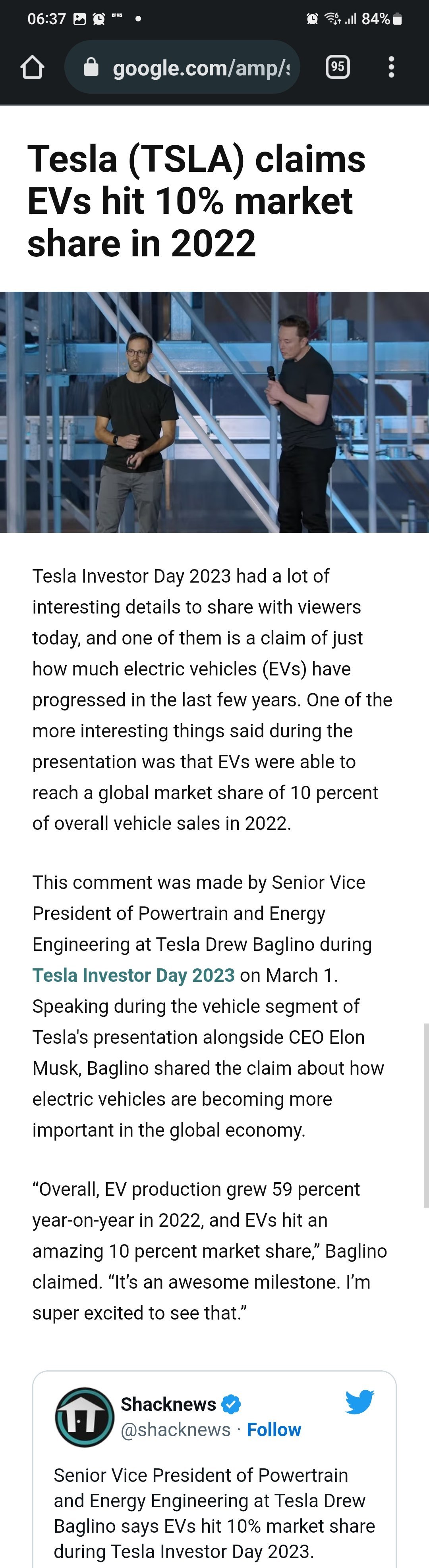 特斯拉（TSLA）聲稱在2022年，電動車佔有10％的市場份額。