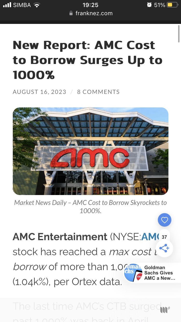 $AMC Entertainment (AMC.US)$ Seriously, is this shorting even sustainable at such high cost? We might see some squeeze this week or next.  All the best to apes ...