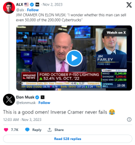 Elon Musk responds to Tesla Cybertruck hate from Jim Cramer