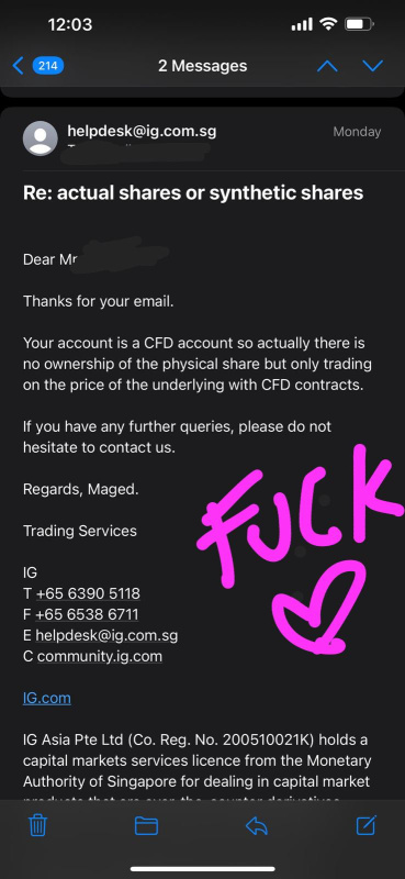 NO APE dividends for IG player on CFD account