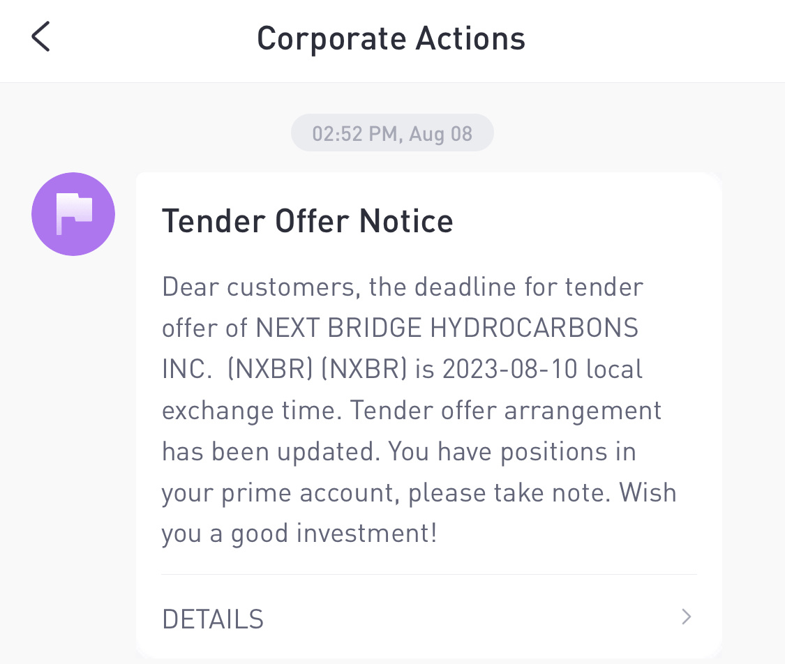 $NEXT BRIDGE HYDROCARBONS INC. - UNLISTED (NXBR.US)$ 嗨，有人知道這是什麼嗎？我在tiger買的，但在moomoo上找不到。