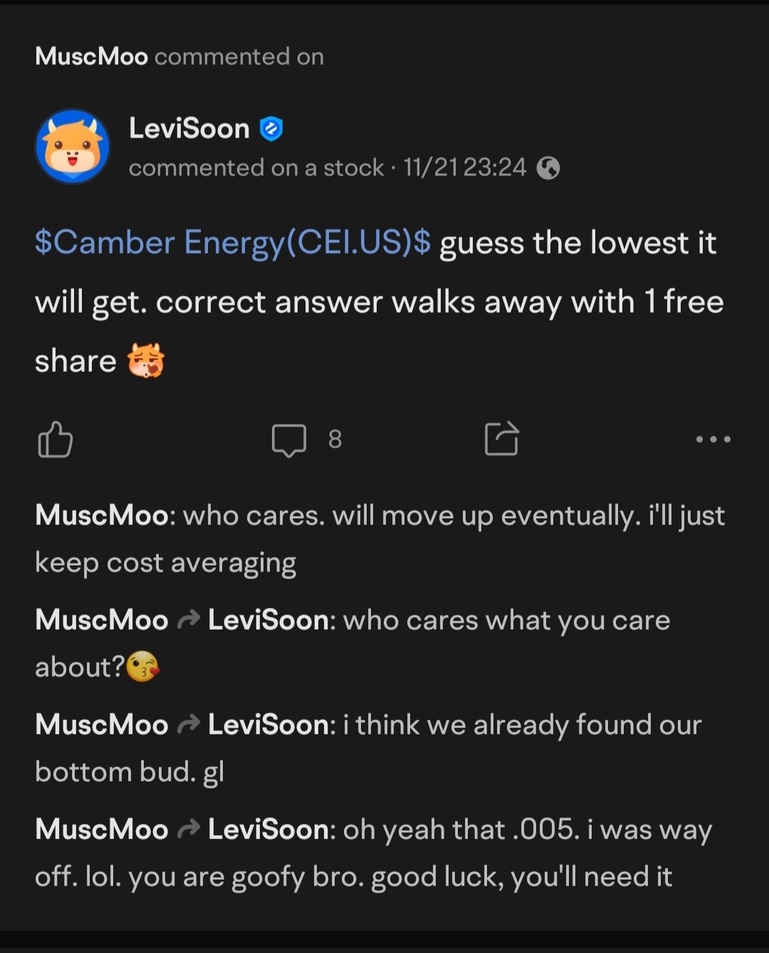 $Camber Energy(CEI.US)$  This was when Camber Energy was at 0.11  "found our bottom bud. gl". The only thing you found was ur micro bottom and own butt LOL "you...