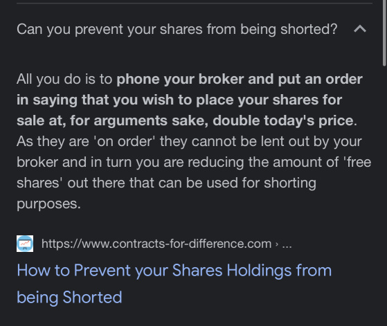 Prevent Shorting by placing sell orders on your shares at ridiculously high price eg. $80