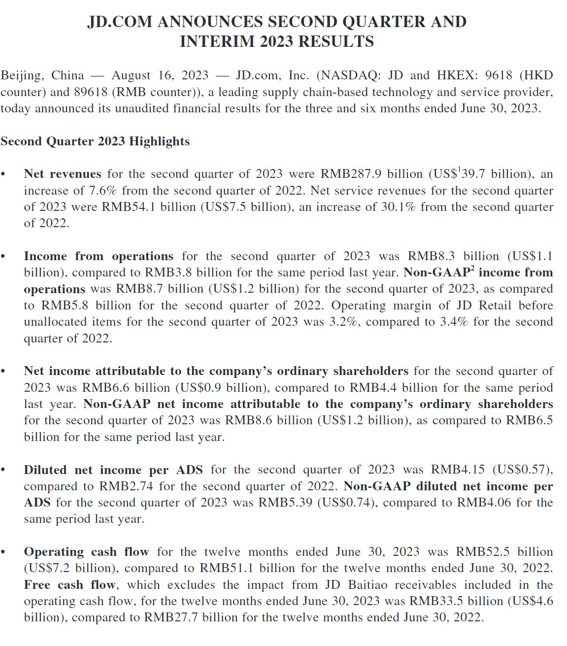 JD ANNOUNCES SECOND QUARTER ANDINTERIM 2023 RESULT.