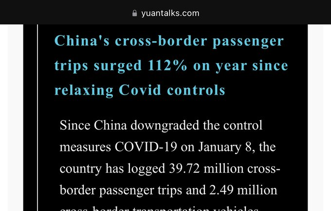 China's cross-border passenger trips has surged 112% on year since relaxation of Covid control on Jan 8. according to immigration administration. $Global X MSCI...