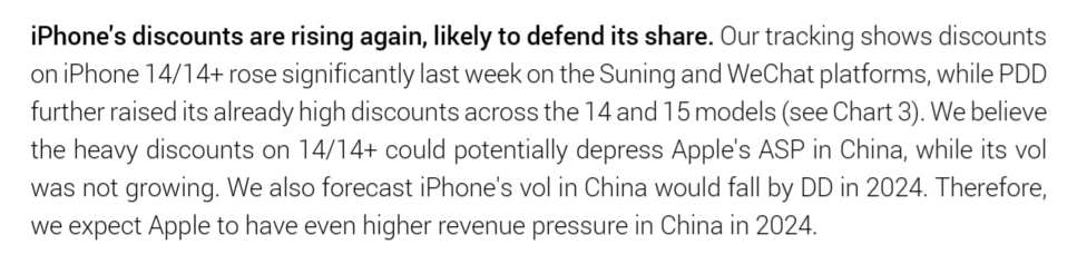 Jefferies says Android+Huawei managed to stay flat YoY recently against a high base in the 1st week of 2024, while iPhone is down YoY > 30%, forecasts iPhone's ...