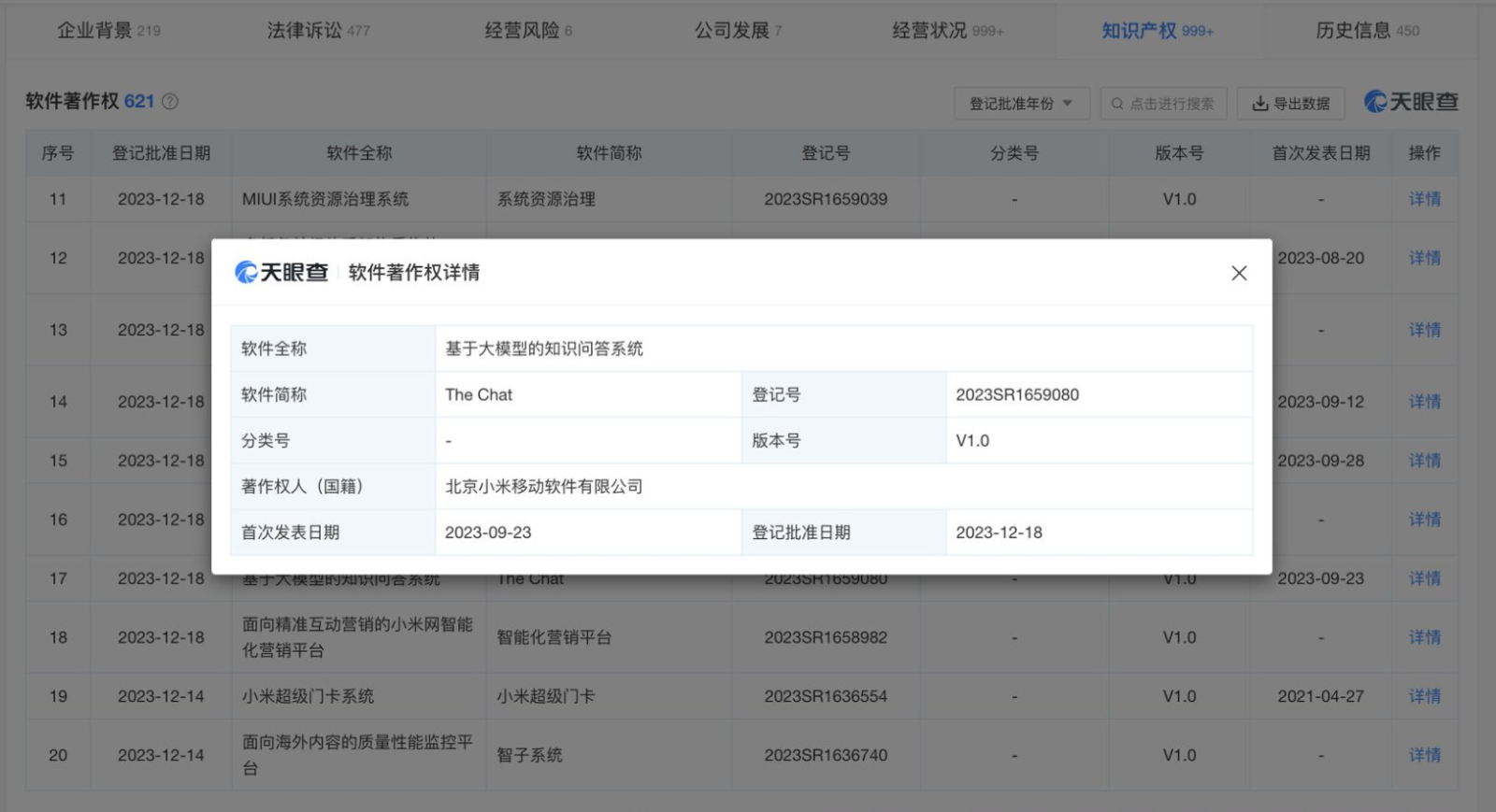 北京小米的AI智能问答产品“The Chat”已获得软件版权认可。