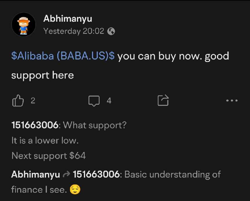 $Alibaba(BABA.US)$   well . probably this person still waiting at 64. Price shot up just one hour after I said this. bye bye. 🤭