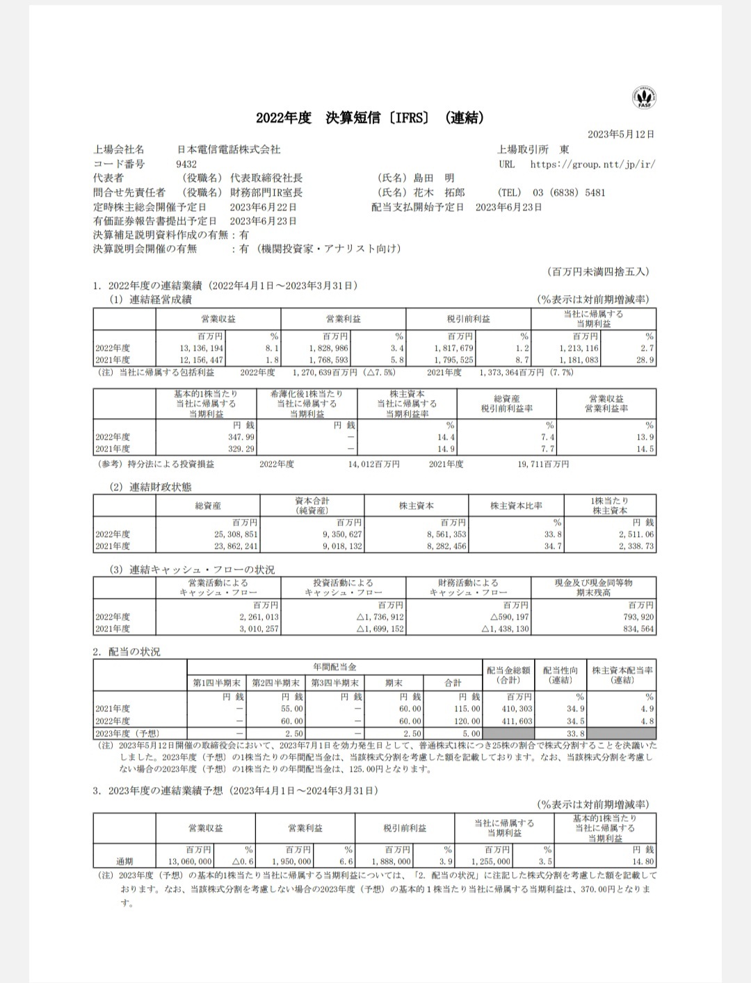 NTTの配当金が120円→5円の大減配?!