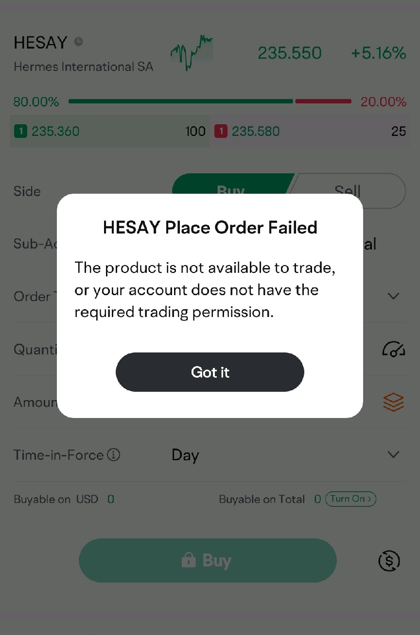 $Hermes International SA (HESAY.US)$ why I can't buy this stock? it is always unavailable...!