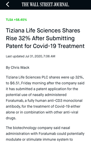 COVID-19 治疗专利！$TLSA