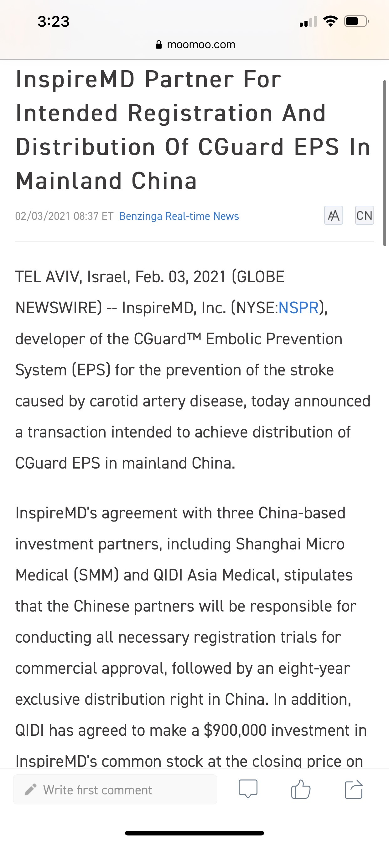 $InspireMD (NSPR.US)$ 大好消息。