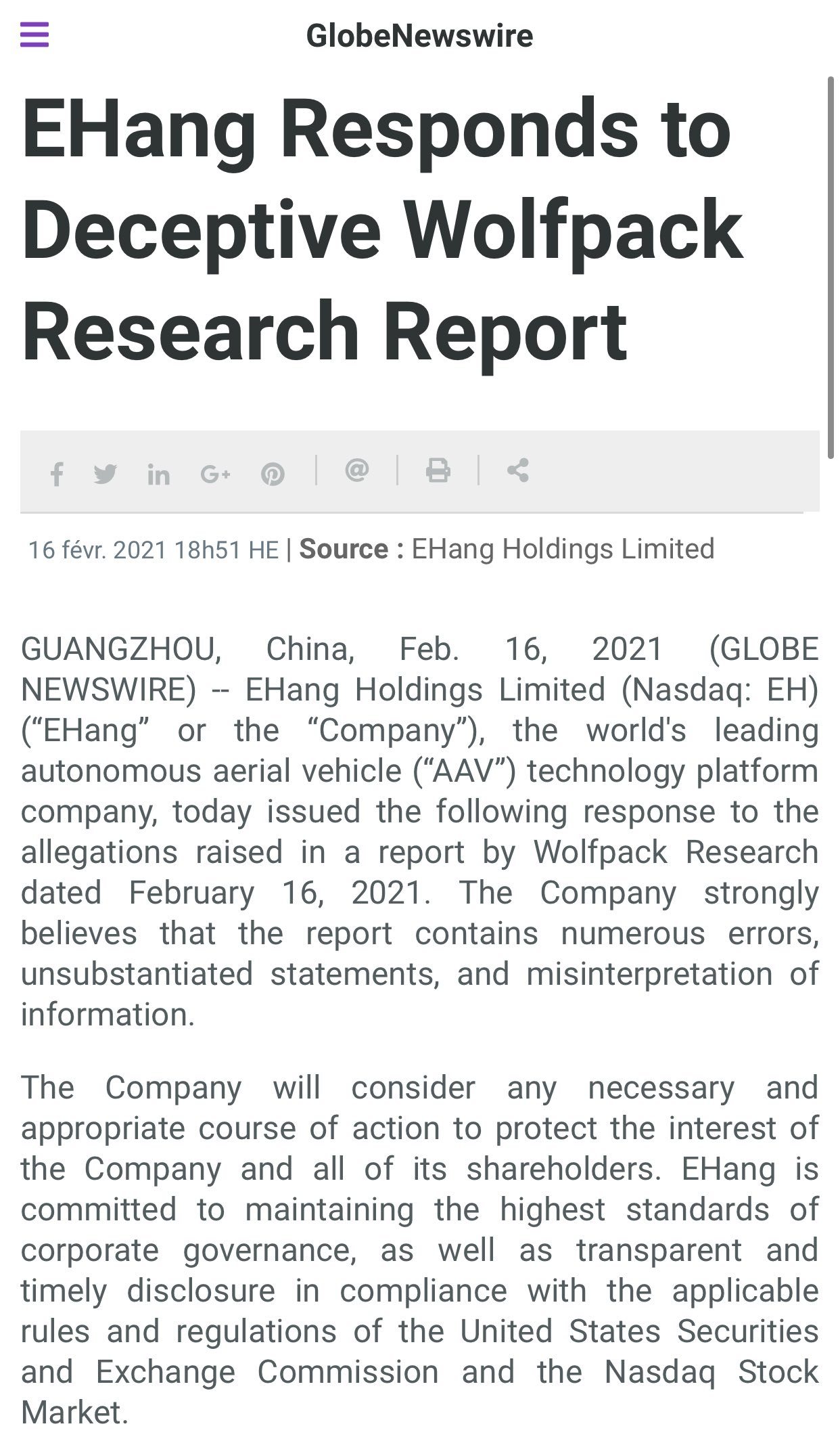 $億航智能 (EH.US)$  http://www.globenewswire.com/fr/news-release/2021/02/16/2176685/0/en/EHang-Responds-to-Deceptive-Wolfpack-Research-Report.html