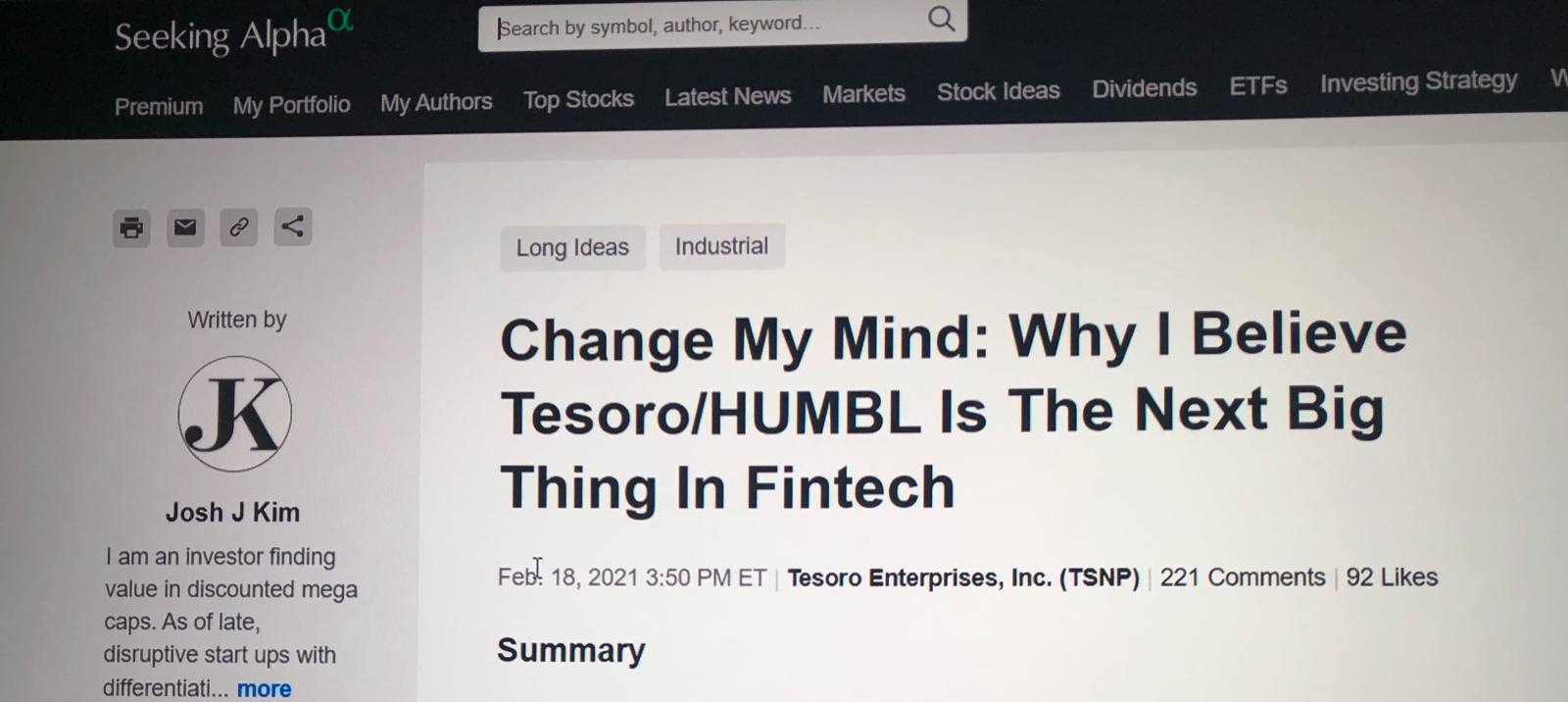 $TESORO ENTERP (TSNP.US)$  Just a reminder on how HUMBL looks like, incase people forget, and one article that says a lot about humble with a few words