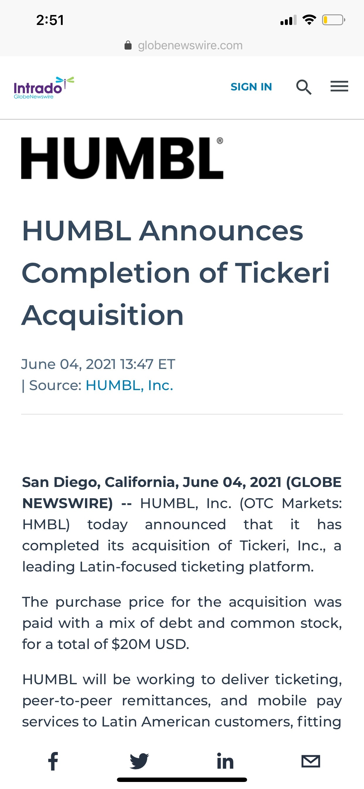 $Humbl Inc (HMBL.US)$  https://www.globenewswire.com/news-release/2021/06/04/2242280/0/en/HUMBL-Announces-Completion-of-Tickeri-Acquisition.html