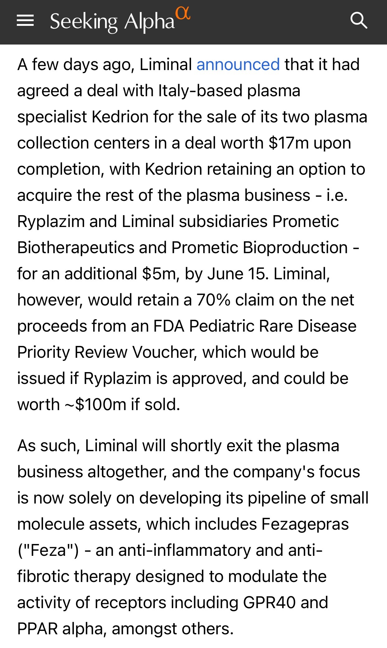 $リミナル・バイオサイエンシズ (LMNL.US)$  https://seekingalpha.com/article/4430063-liminal-biosciences-sale-of-plasma-therapeutics-business-leaves-the-cupboard-looking-bare  ...