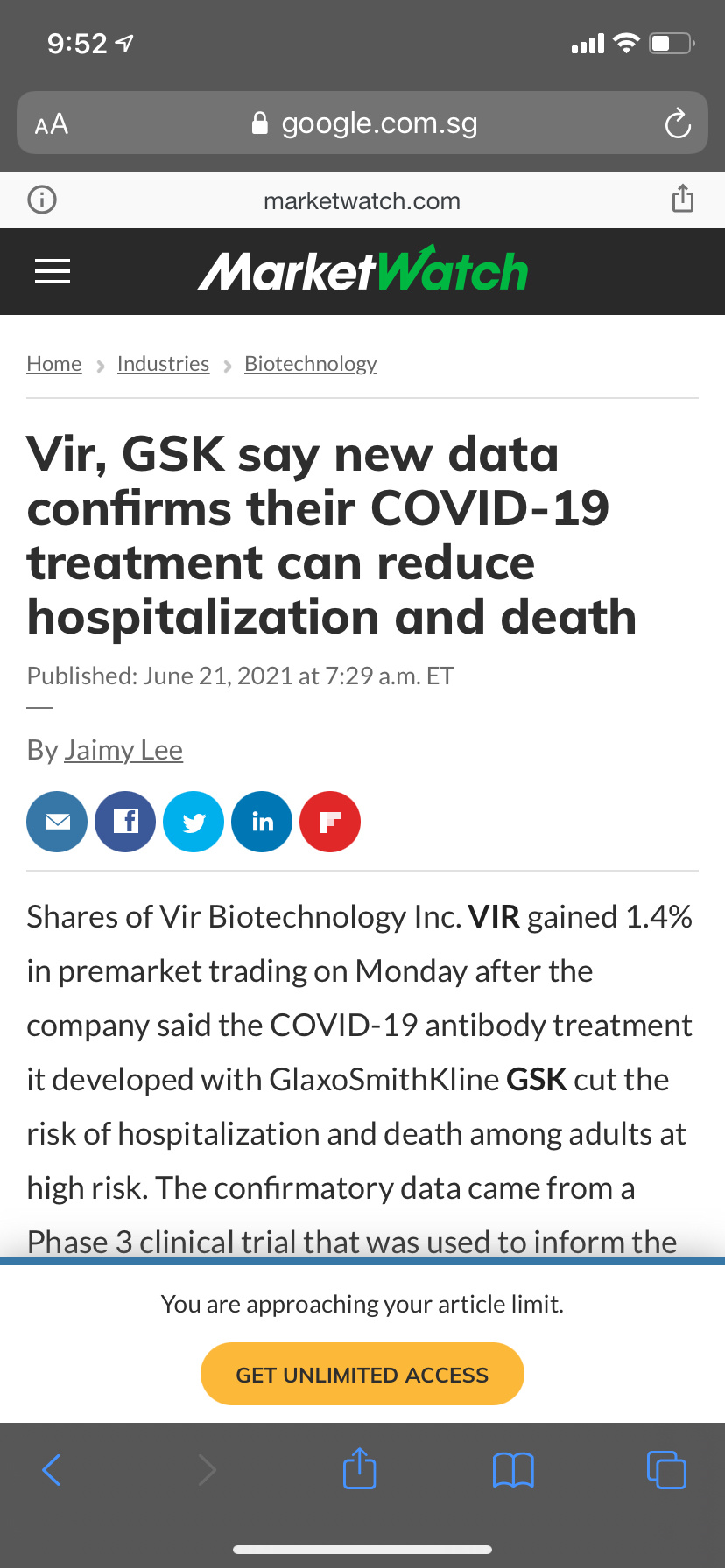 $Vir Biotechnology (VIR.US)$ 这是好消息。