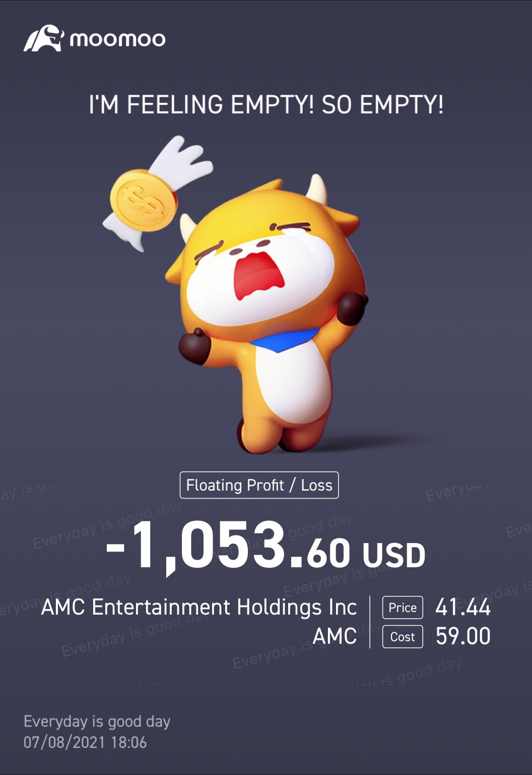 $AMC院线 (AMC.US)$ 这是我的当前损失，我仍然持有！